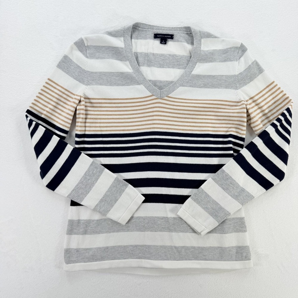 Tommy Hilfiger Sweater Womens Medium Navy Gray Stripe V Neck Pullover Knit